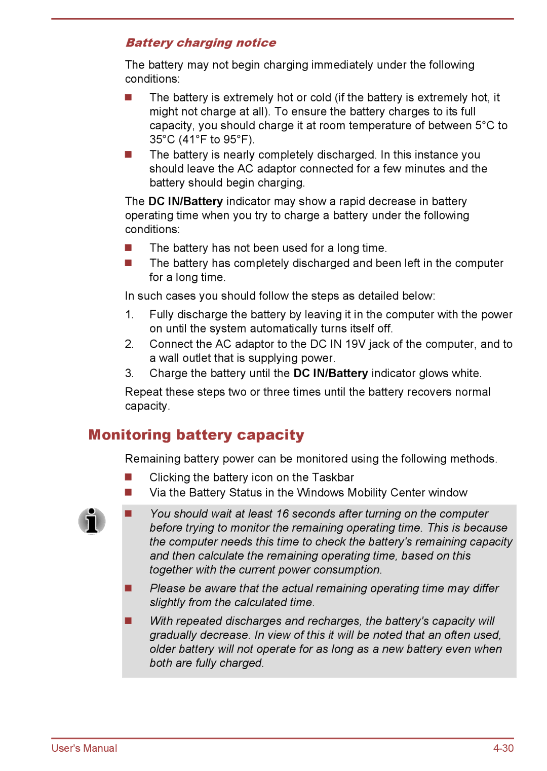 Toshiba P50-A/P50D-A/P50t-A/P50Dt-A, S50t-A/S50Dt-A, S50-A/S50D-A Monitoring battery capacity, Battery charging notice 