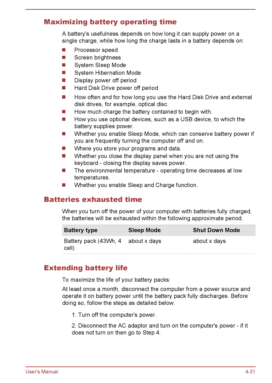 Toshiba L50-A/L50D-A/L50t-A/L50Dt-A Maximizing battery operating time, Batteries exhausted time, Extending battery life 