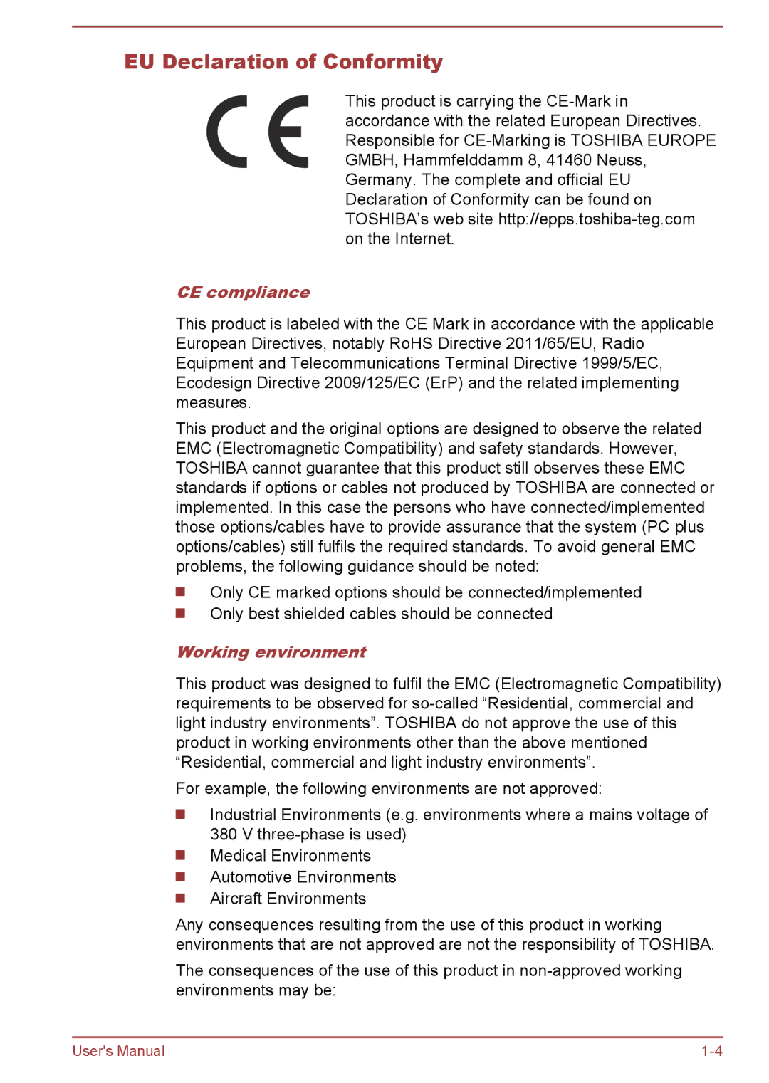 Toshiba S50t-A/S50Dt-A, S50-A/S50D-A user manual EU Declaration of Conformity, CE compliance, Working environment 