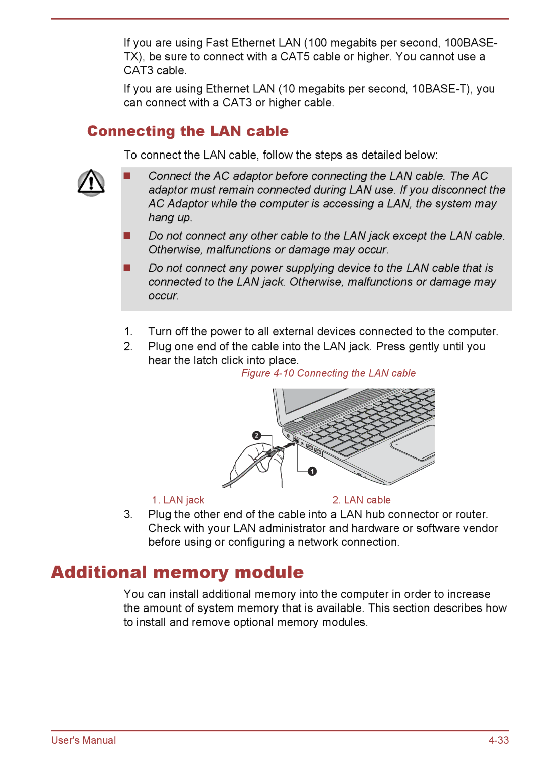 Toshiba S50-A/S50D-A, S50t-A/S50Dt-A, P50-A/P50D-A/P50t-A/P50Dt-A Additional memory module, Connecting the LAN cable 