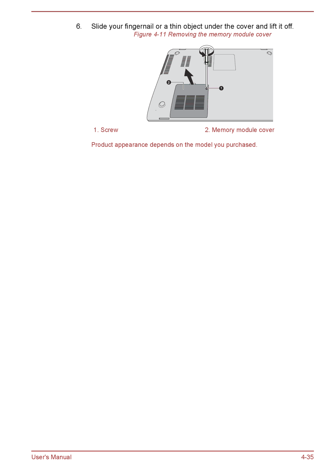 Toshiba L50-A/L50D-A/L50t-A/L50Dt-A, S50t-A/S50Dt-A, S50-A/S50D-A user manual Removing the memory module cover 