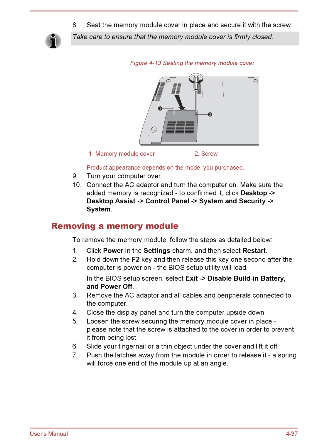 Toshiba S50-A/S50D-A, S50t-A/S50Dt-A Removing a memory module, Desktop Assist Control Panel System and Security System 