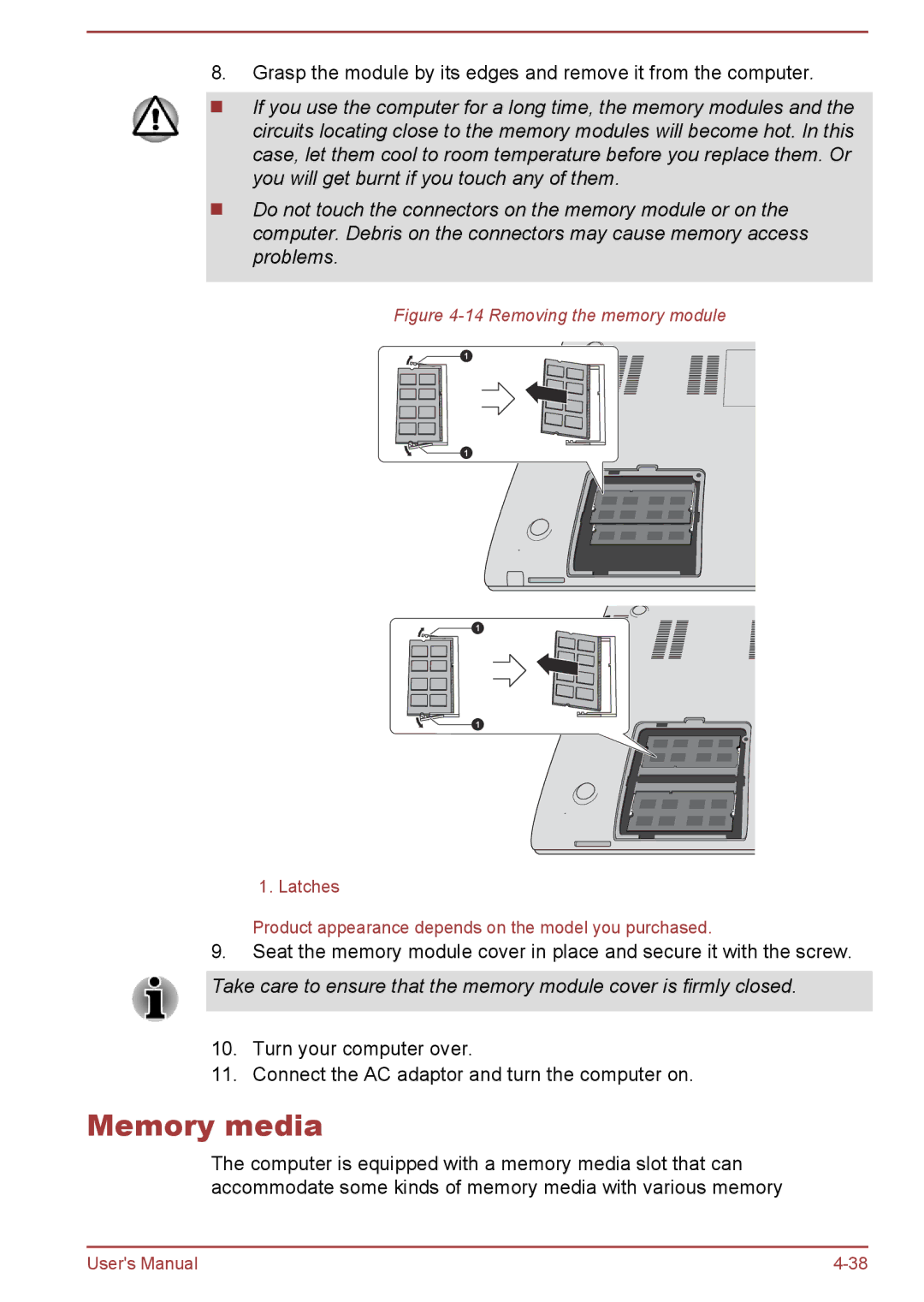 Toshiba P50-A/P50D-A/P50t-A/P50Dt-A, S50t-A/S50Dt-A, S50-A/S50D-A user manual Memory media, Removing the memory module 