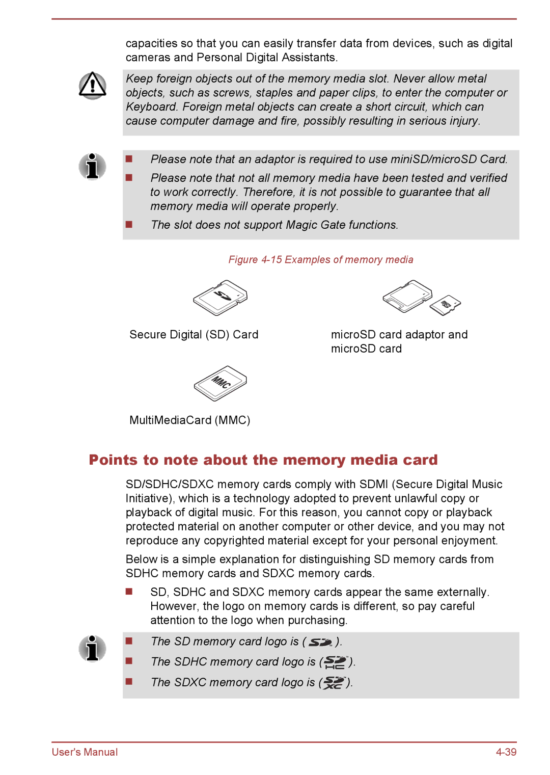 Toshiba L50-A/L50D-A/L50t-A/L50Dt-A, S50t-A/S50Dt-A Points to note about the memory media card, Examples of memory media 