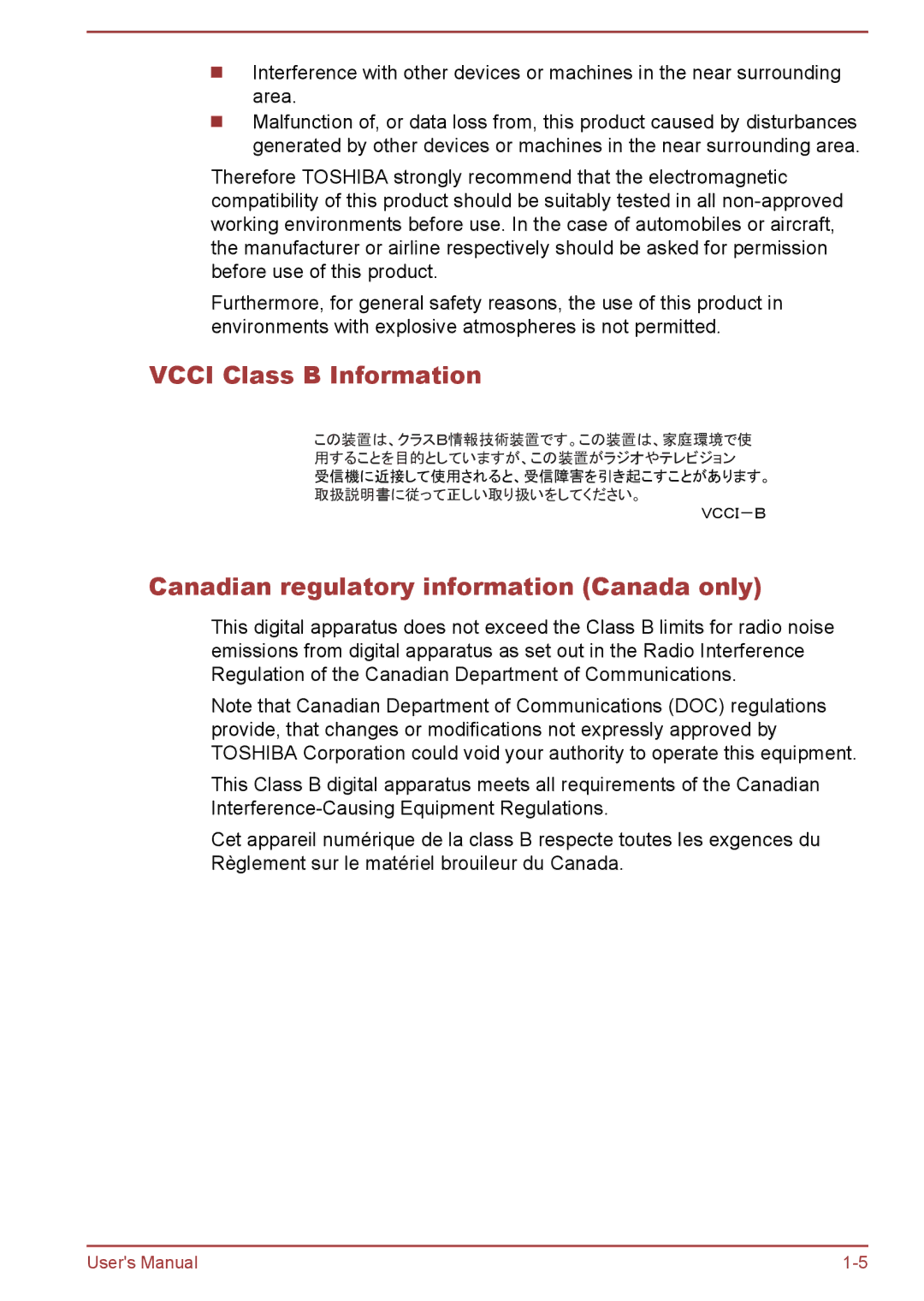 Toshiba S50-A/S50D-A, S50t-A/S50Dt-A user manual Vcci Class B Information, Canadian regulatory information Canada only 