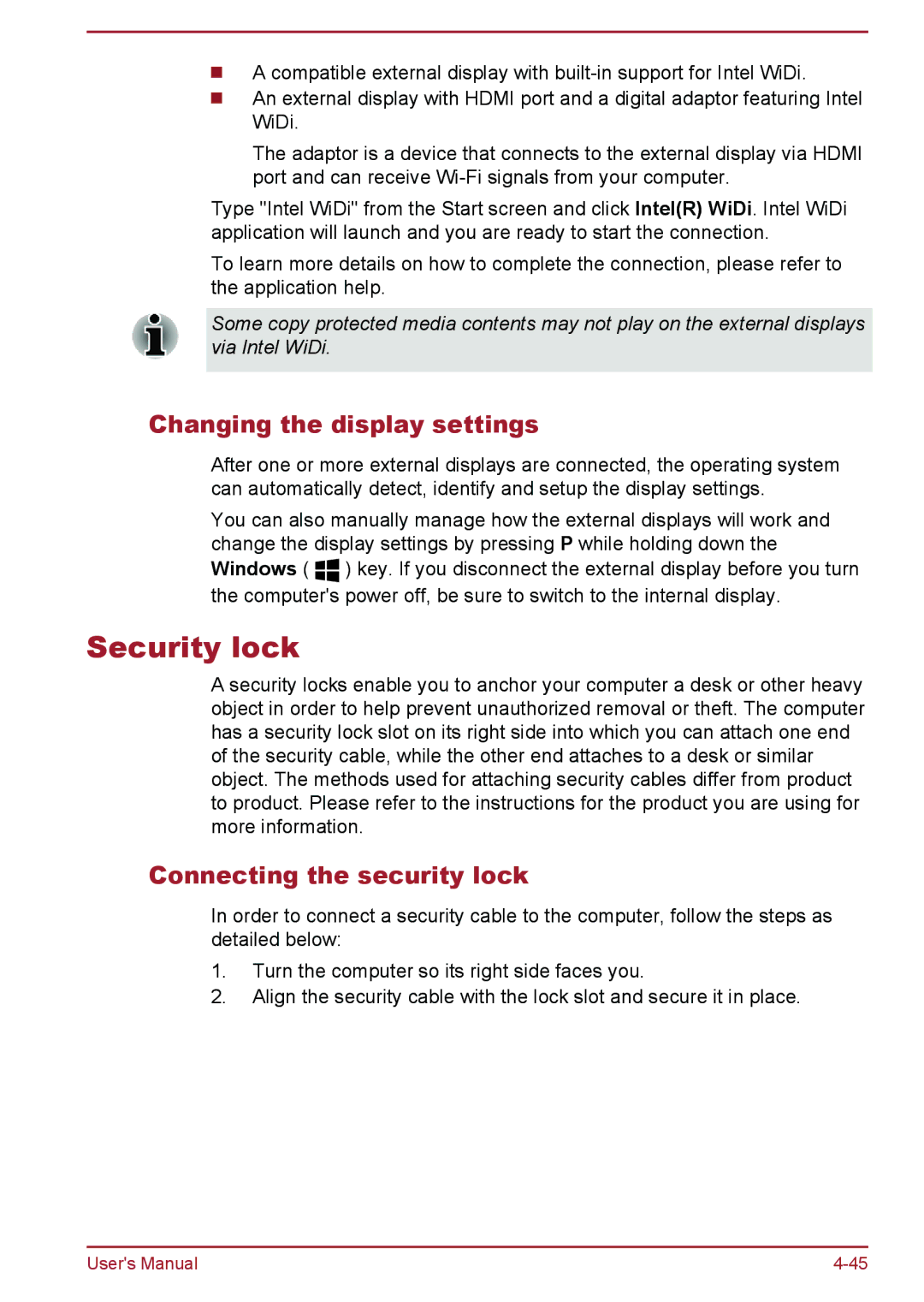 Toshiba S50-A/S50D-A, S50t-A/S50Dt-A user manual Security lock, Changing the display settings, Connecting the security lock 