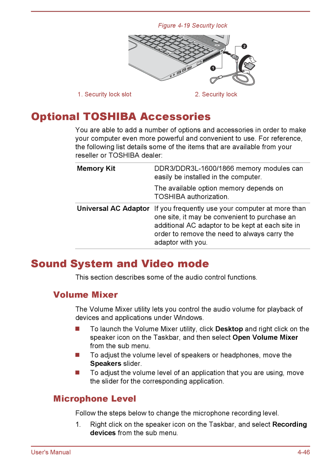 Toshiba P50-A/P50D-A/P50t-A/P50Dt-A Optional Toshiba Accessories, Sound System and Video mode, Volume Mixer, Memory Kit 