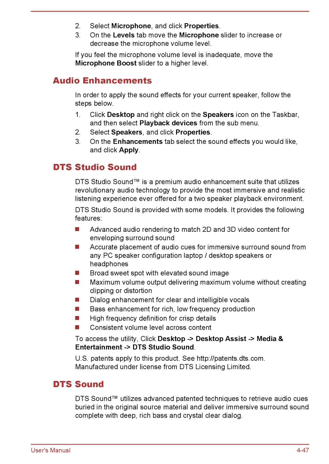 Toshiba L50-A/L50D-A/L50t-A/L50Dt-A, S50t-A/S50Dt-A, S50-A/S50D-A user manual Audio Enhancements, DTS Studio Sound, DTS Sound 