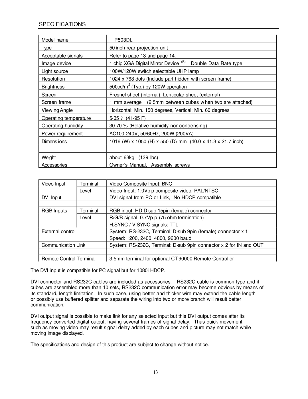 Toshiba P503DL service manual Specifications 