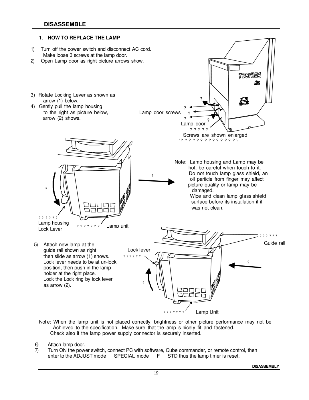 Toshiba P503DL service manual Disassemble, HOW to Replace the Lamp 