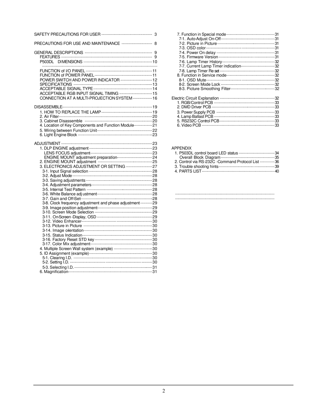 Toshiba P503DL service manual Connection AT a MULTI-PROJECTION SYSTEM··················16 