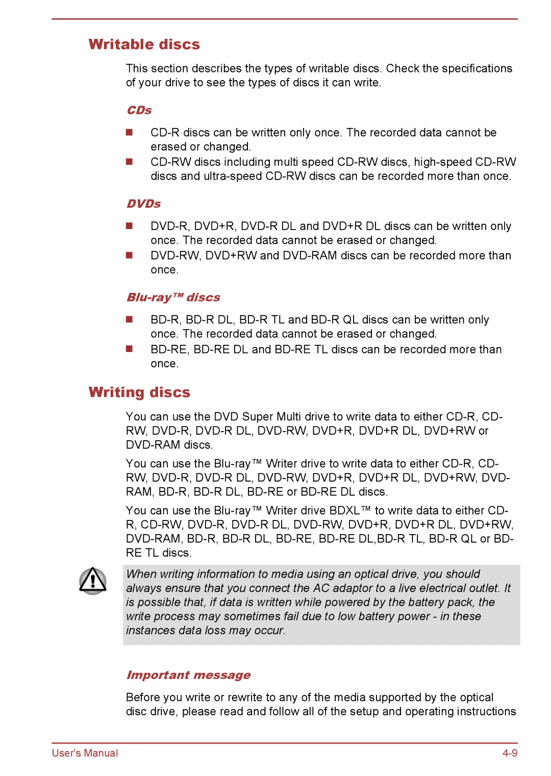 Toshiba P50t-B Series, P50-B user manual Writable discs, Writing discs 