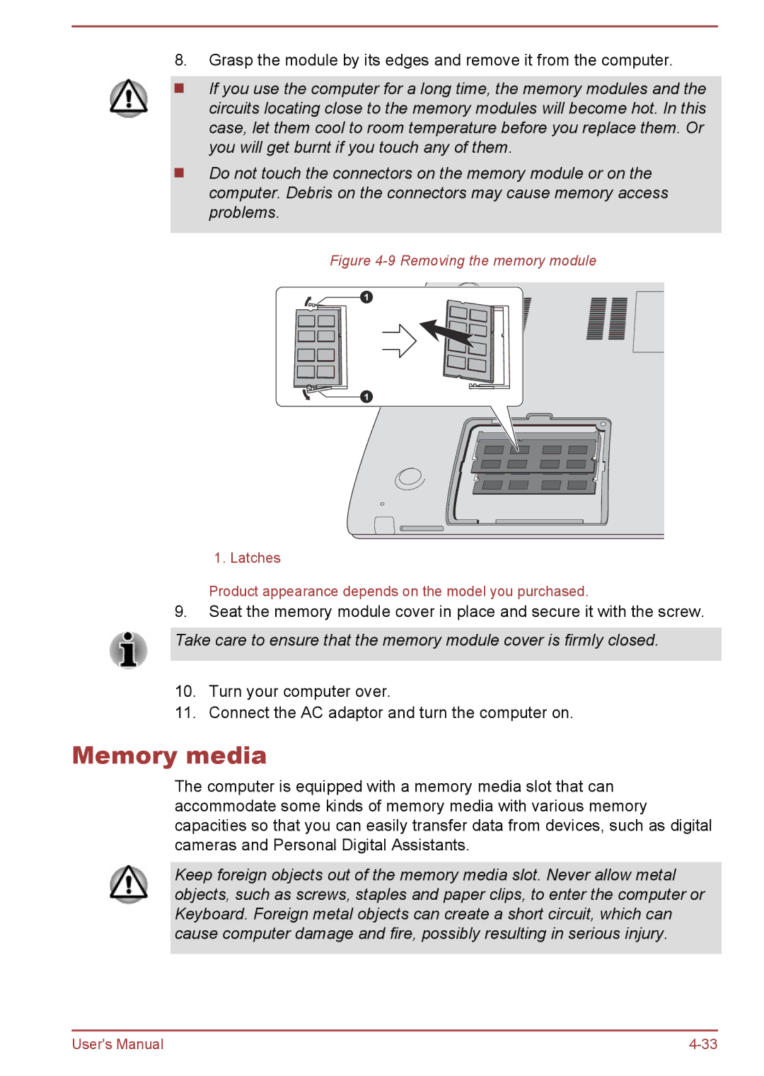 Toshiba P50t-B Series, P50-B user manual Memory media, Removing the memory module 