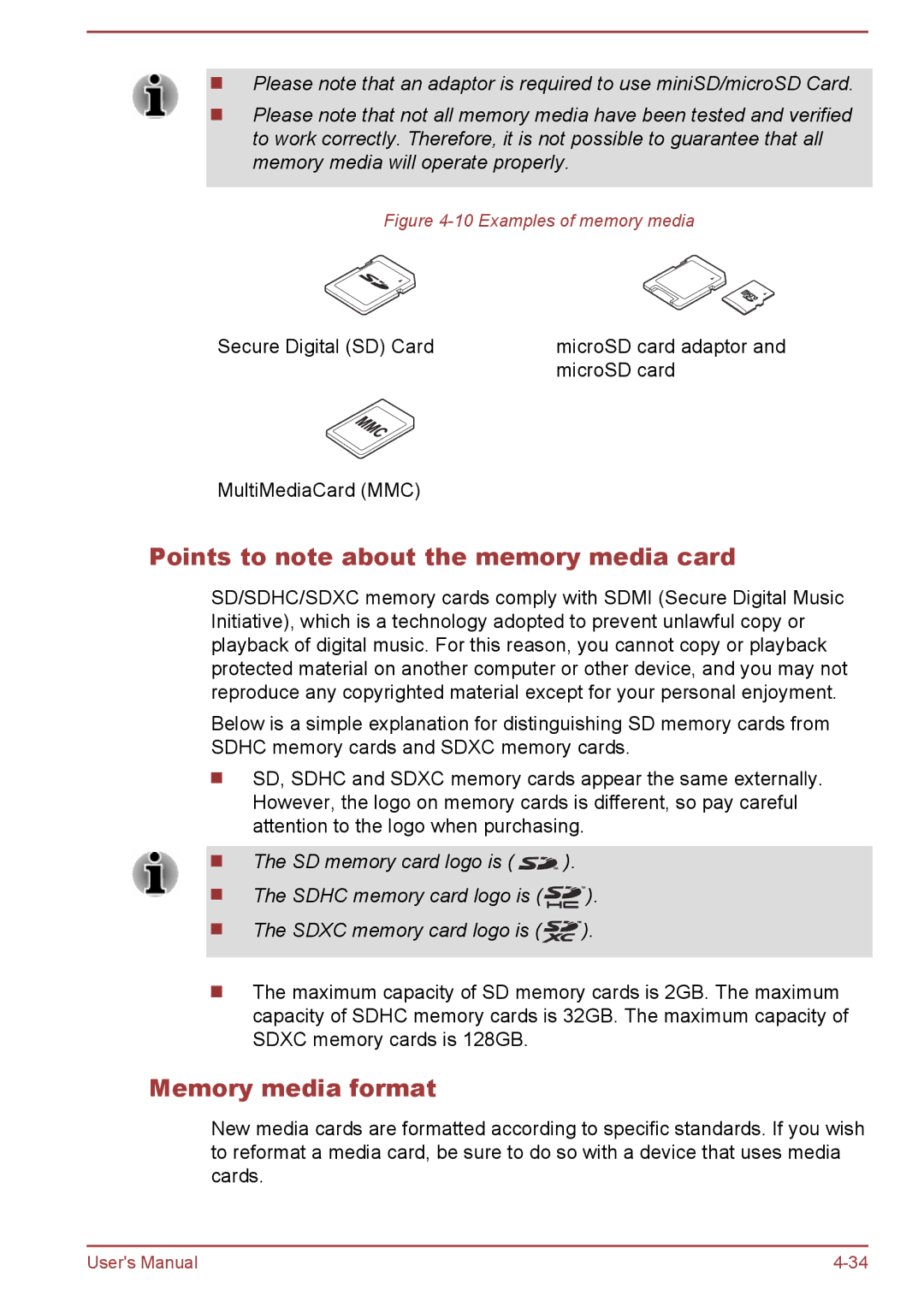 Toshiba P50-B, P50t-B Series user manual Points to note about the memory media card, Memory media format 