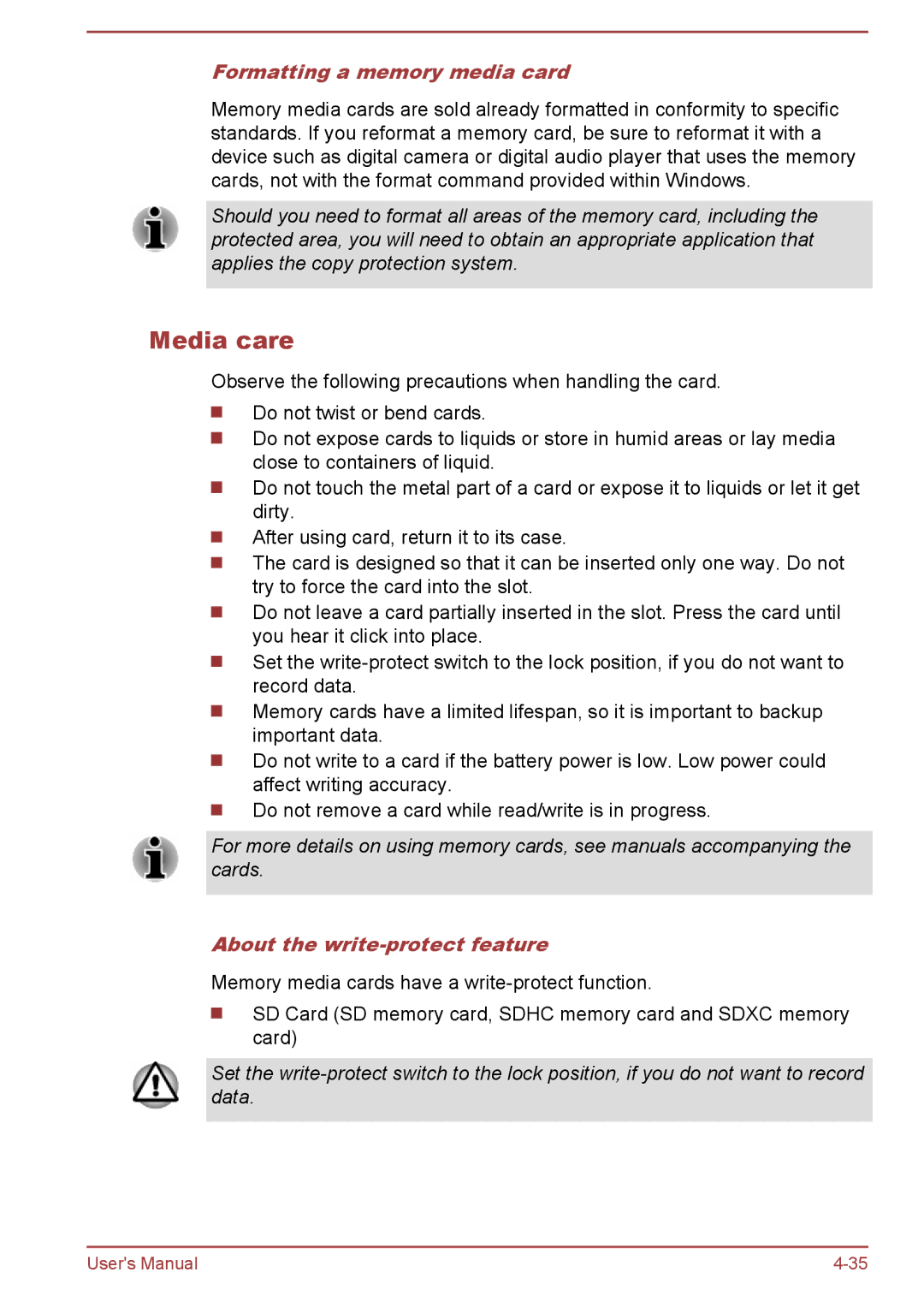 Toshiba P50t-B Series, P50-B user manual Media care, Formatting a memory media card, About the write-protect feature 