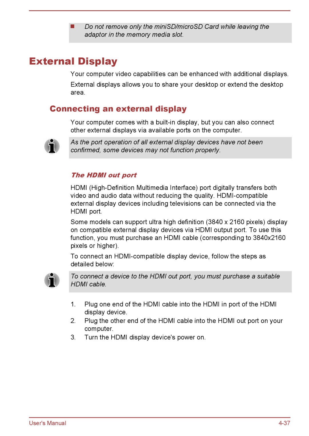 Toshiba P50t-B Series, P50-B user manual External Display, Connecting an external display, Hdmi out port 