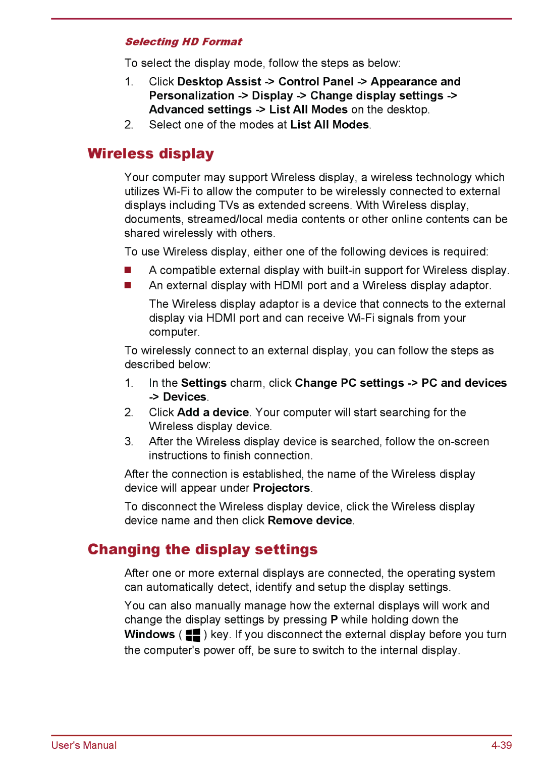 Toshiba P50t-B Series, P50-B user manual Wireless display, Changing the display settings 