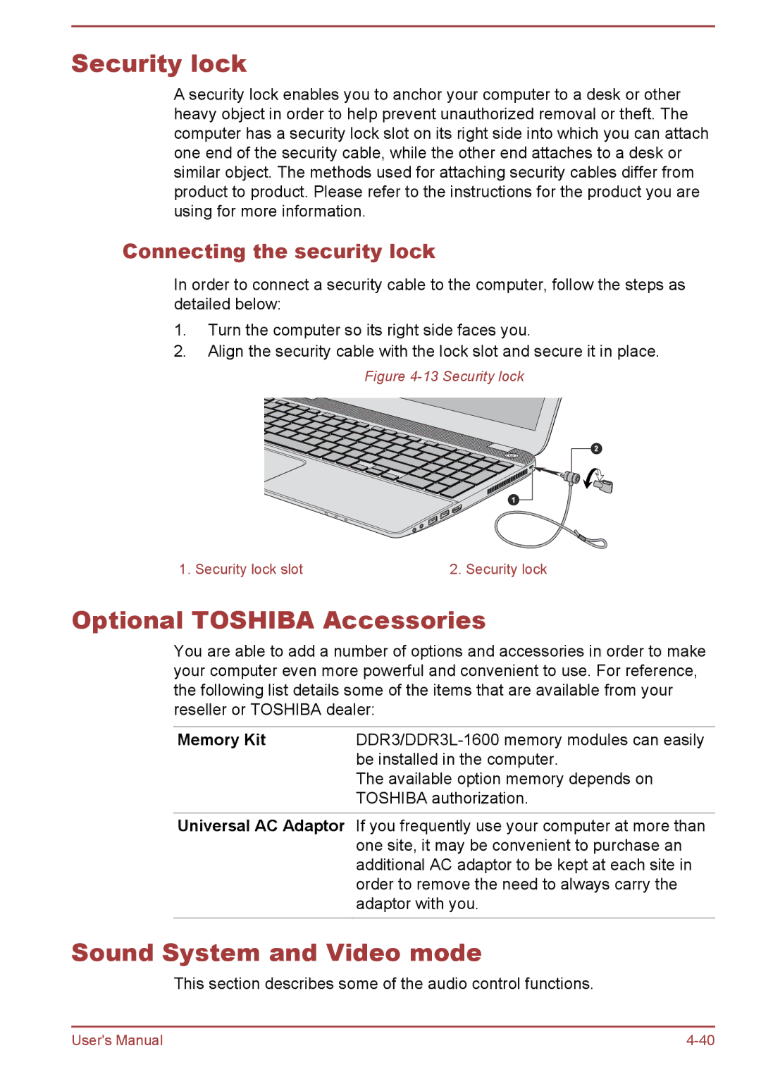 Toshiba P50-B Security lock, Optional Toshiba Accessories, Sound System and Video mode, Connecting the security lock 