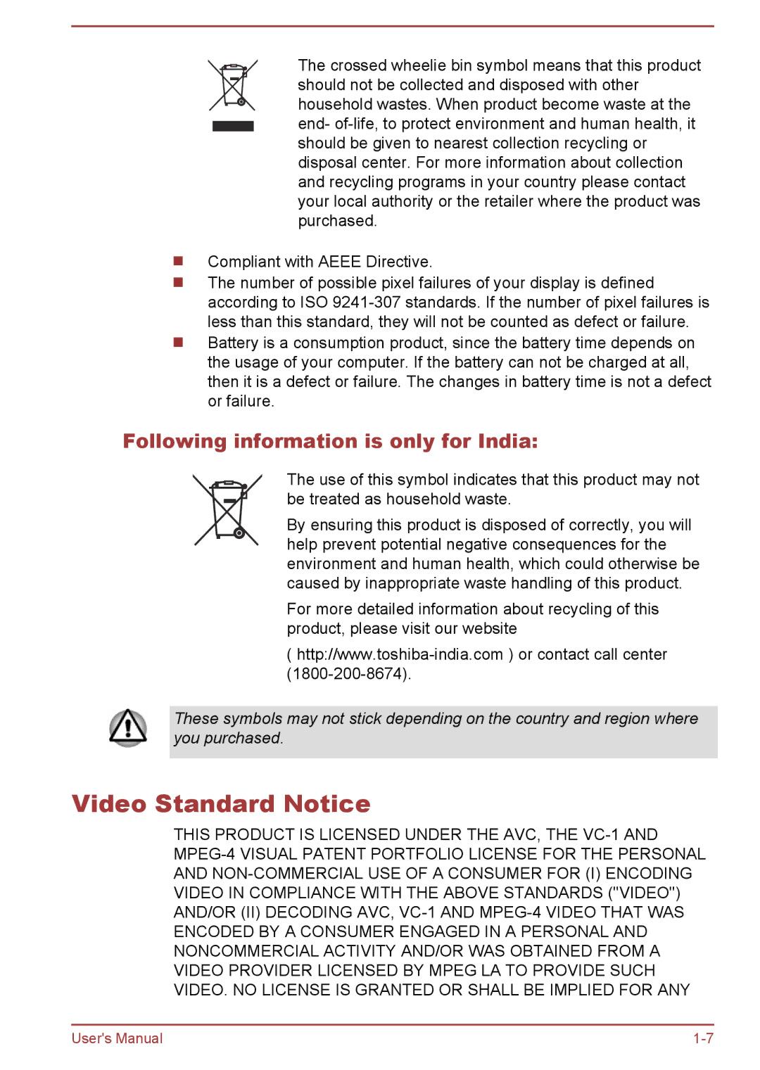 Toshiba P50W-B/P55W-B user manual Video Standard Notice, Following information is only for India 