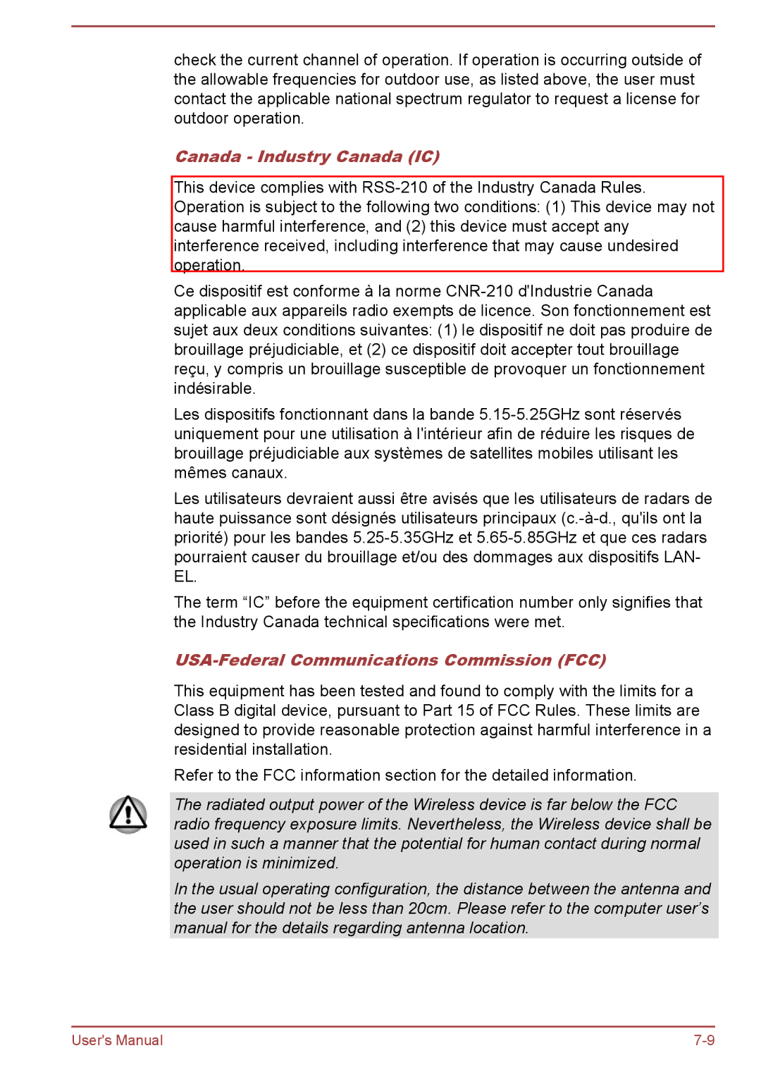 Toshiba P50W-B/P55W-B user manual Canada Industry Canada IC, USA-Federal Communications Commission FCC 