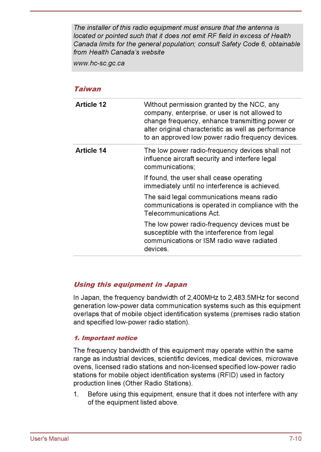 Toshiba P50W-B/P55W-B user manual Taiwan, Article, Using this equipment in Japan 