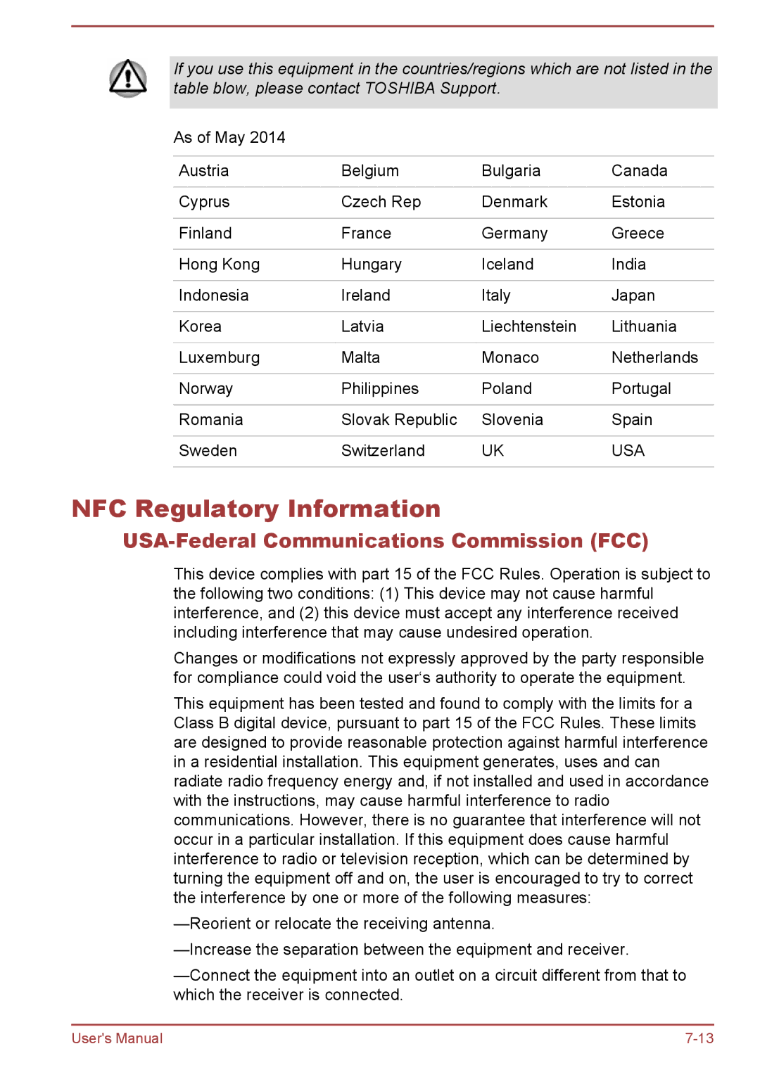 Toshiba P50W-B/P55W-B user manual NFC Regulatory Information, USA-Federal Communications Commission FCC 