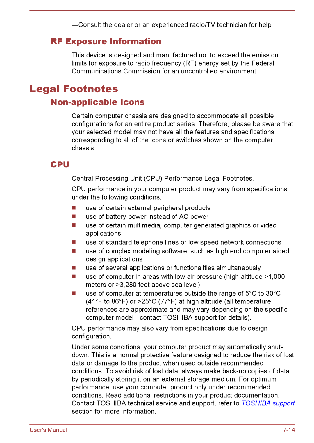 Toshiba P50W-B/P55W-B user manual Legal Footnotes, RF Exposure Information, Non-applicable Icons 