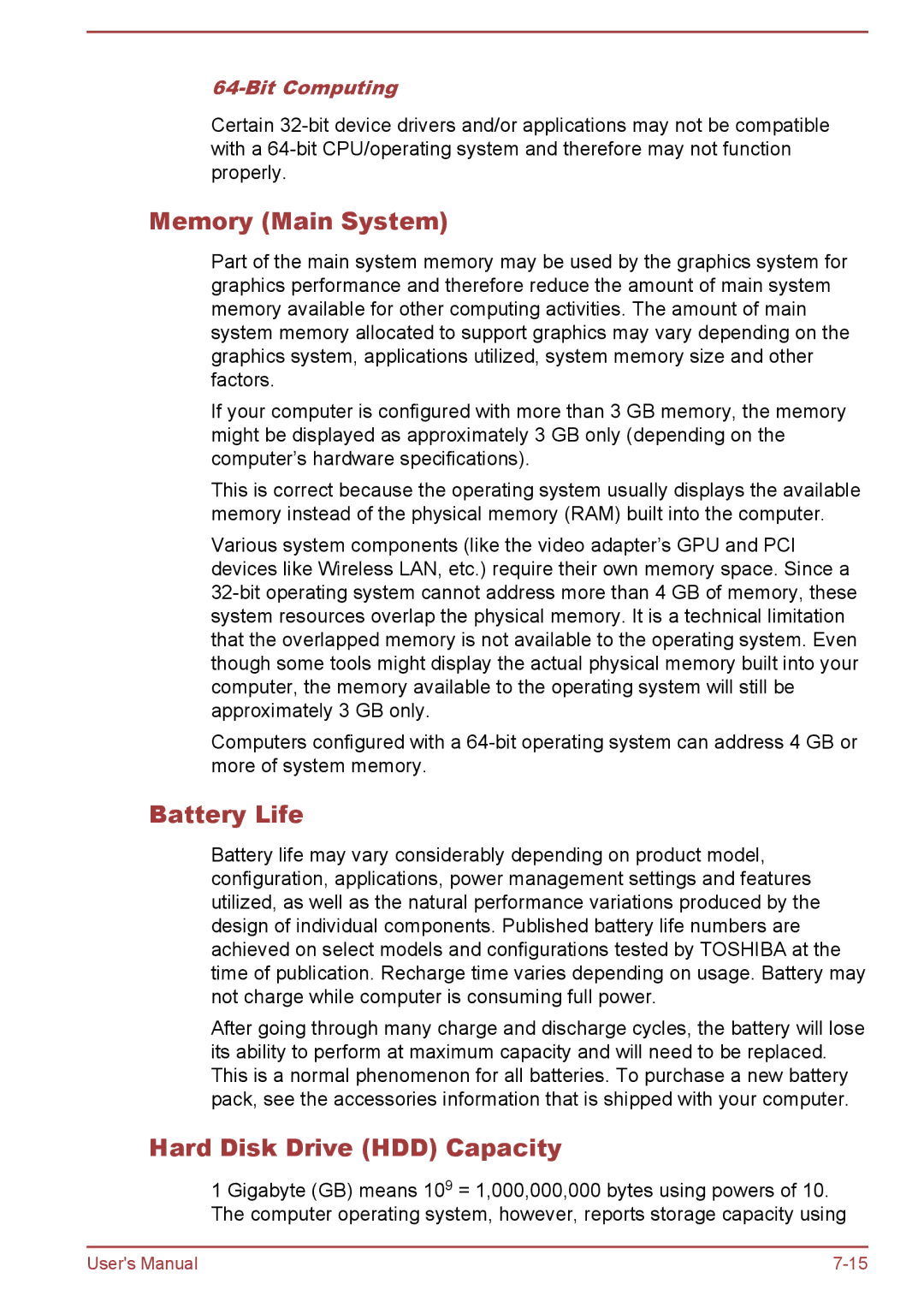 Toshiba P50W-B/P55W-B user manual Memory Main System, Battery Life, Hard Disk Drive HDD Capacity, Bit Computing 