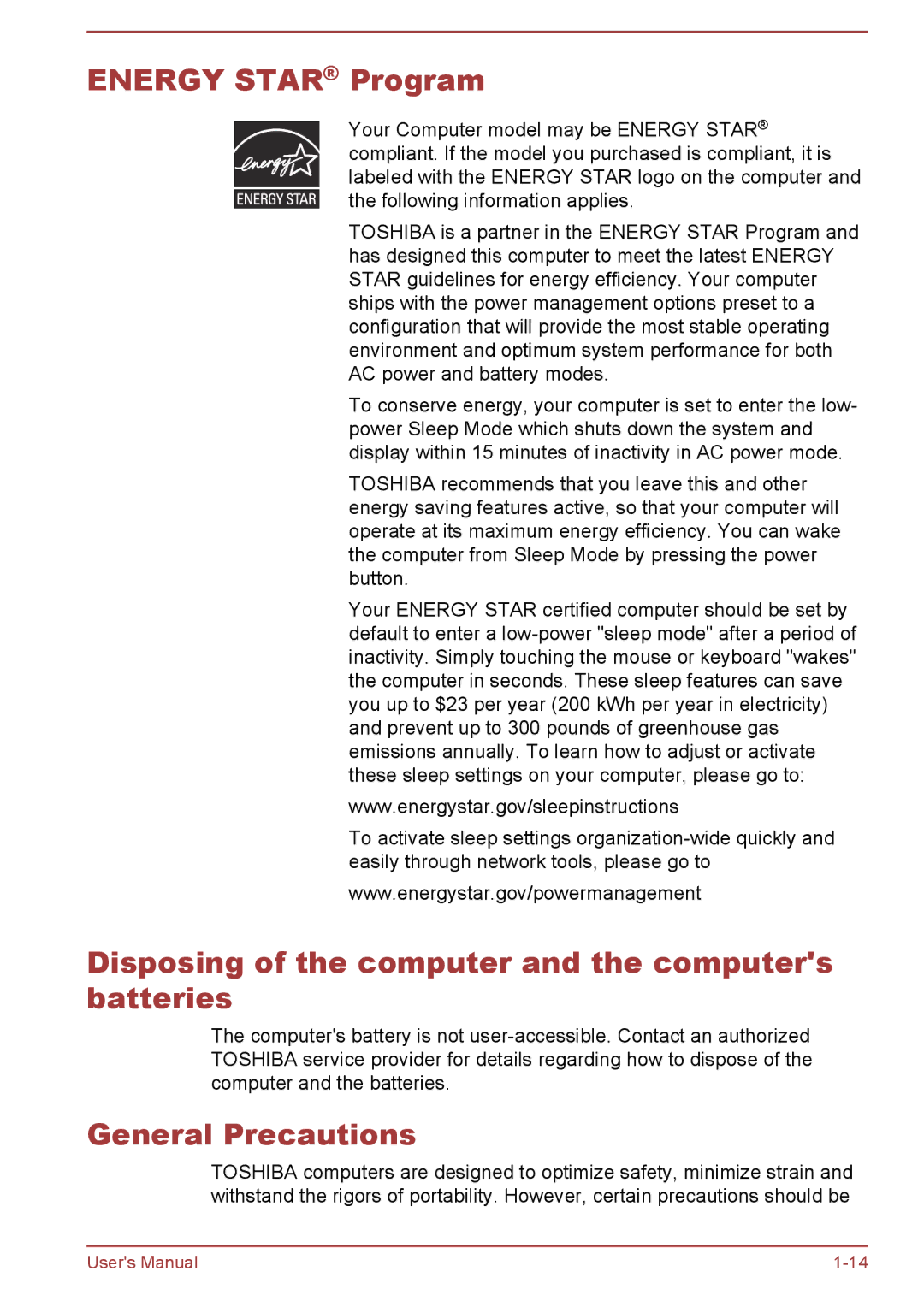 Toshiba P50W-B/P55W-B Energy Star Program, Disposing of the computer and the computers batteries, General Precautions 