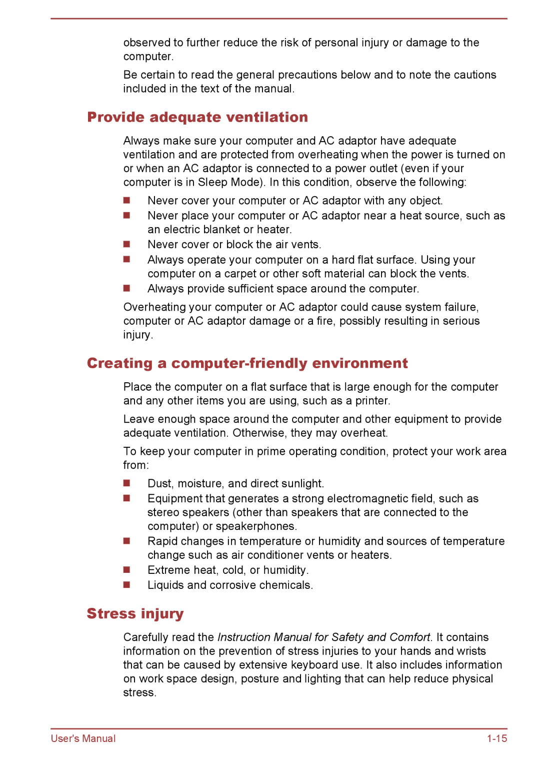 Toshiba P50W-B/P55W-B user manual Provide adequate ventilation, Creating a computer-friendly environment, Stress injury 