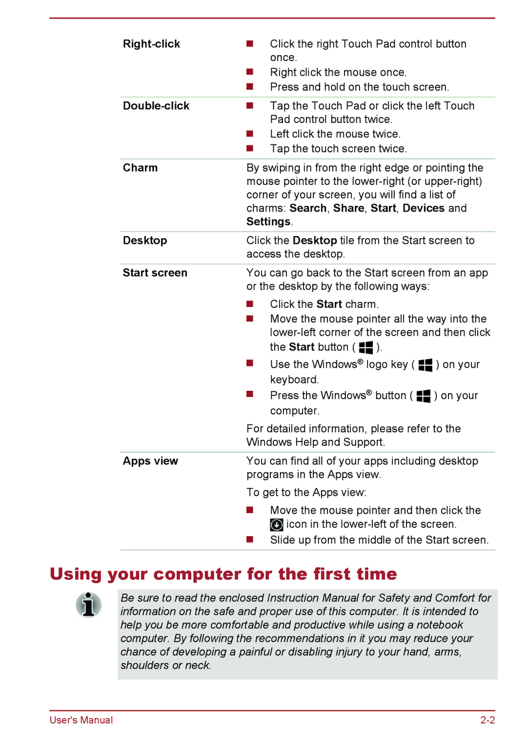 Toshiba P50W-B/P55W-B user manual Using your computer for the first time 