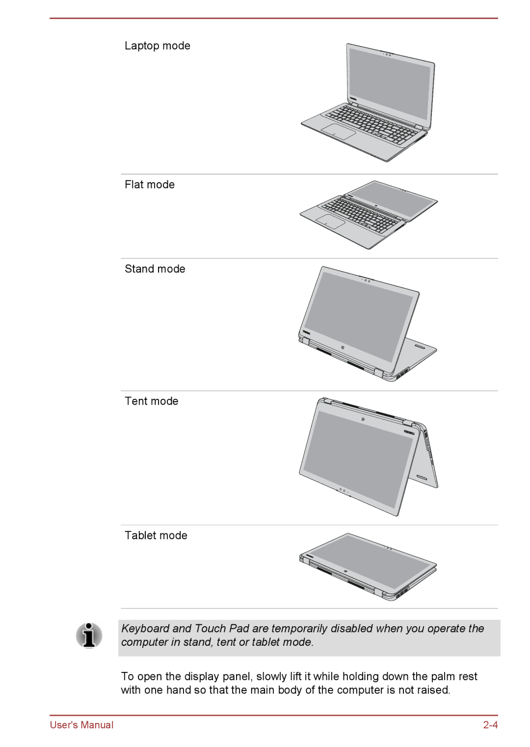 Toshiba P50W-B/P55W-B user manual Laptop mode Flat mode Stand mode Tent mode Tablet mode 