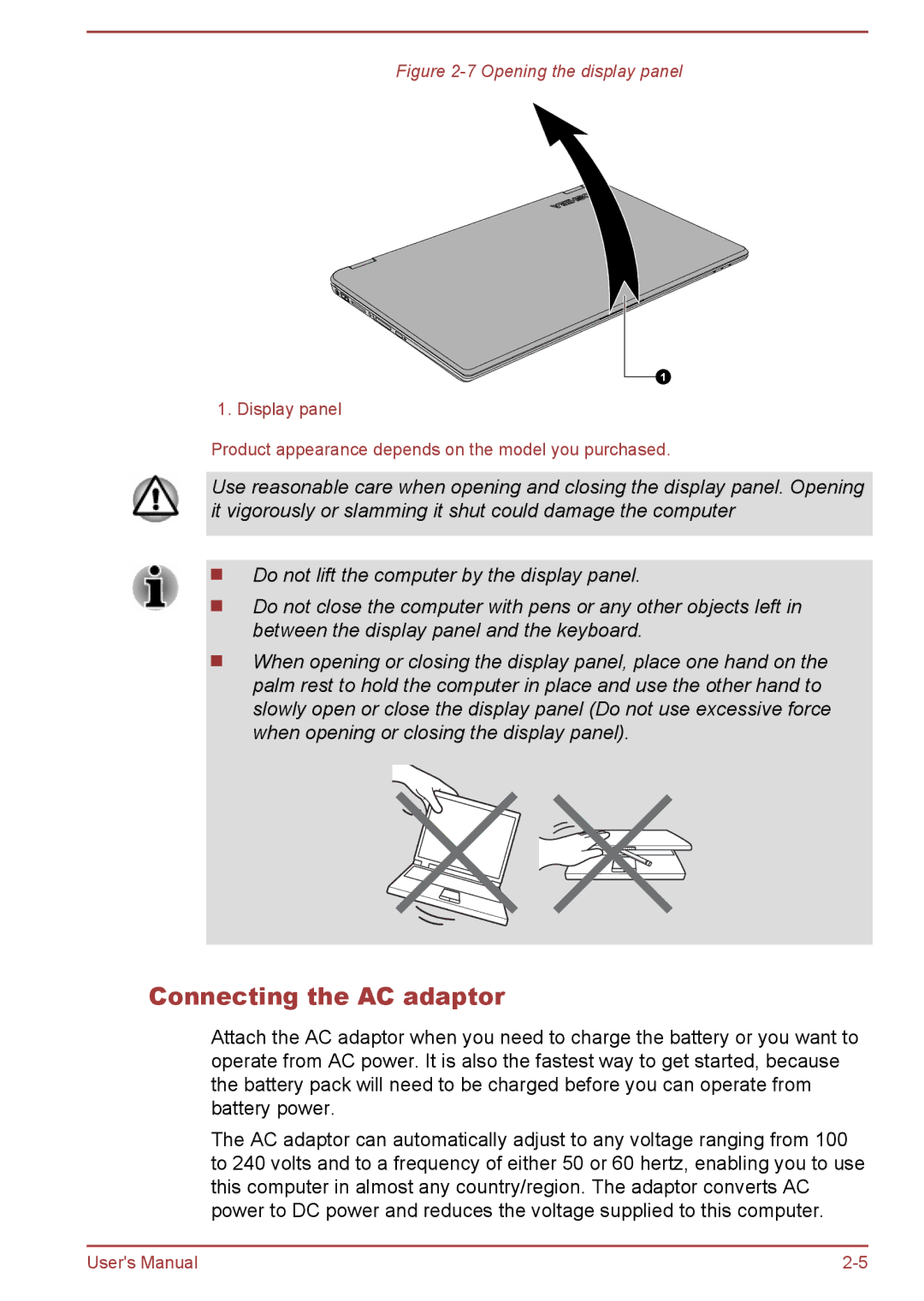 Toshiba P50W-B/P55W-B user manual Connecting the AC adaptor, Opening the display panel 