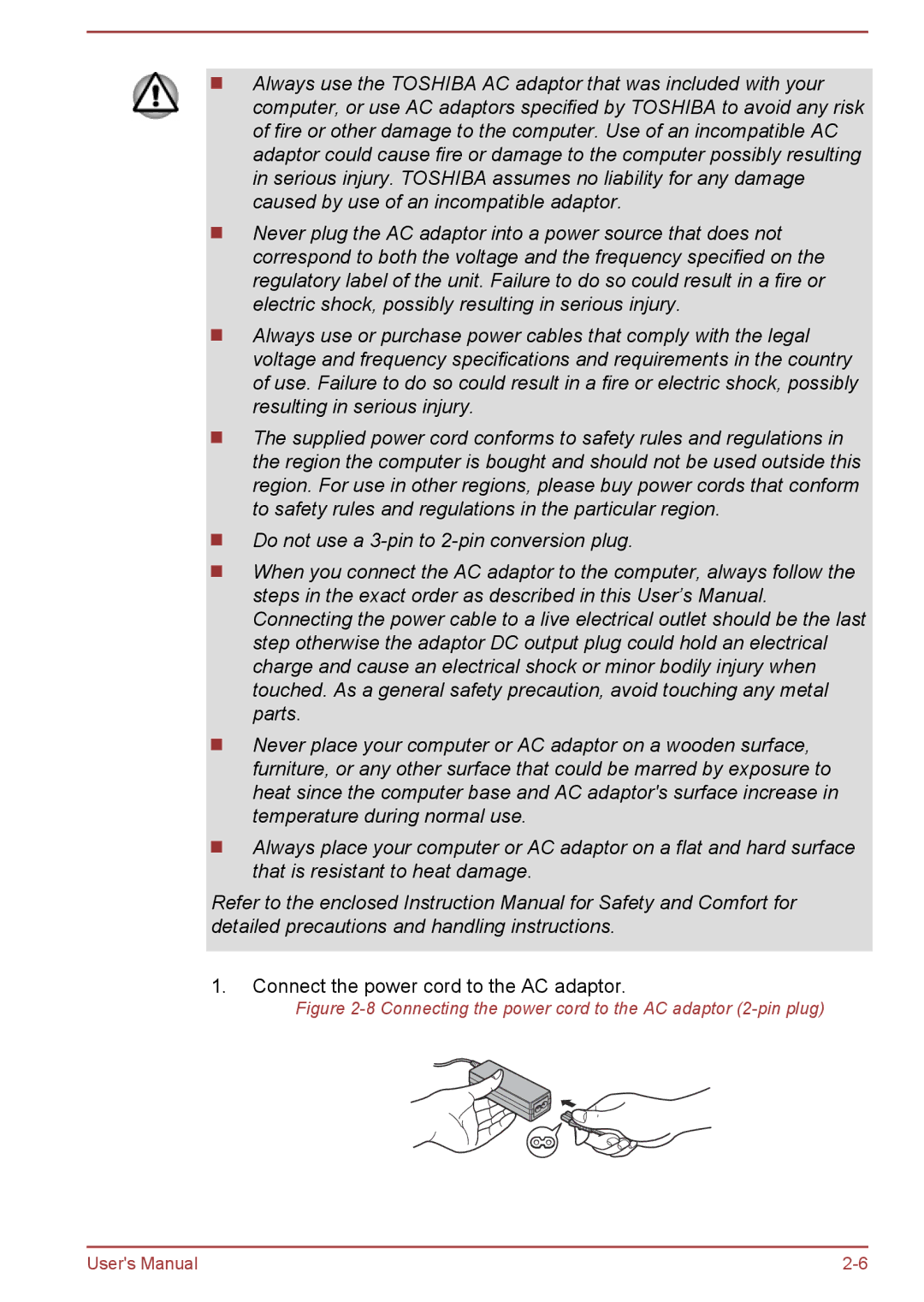 Toshiba P50W-B/P55W-B user manual Connect the power cord to the AC adaptor 