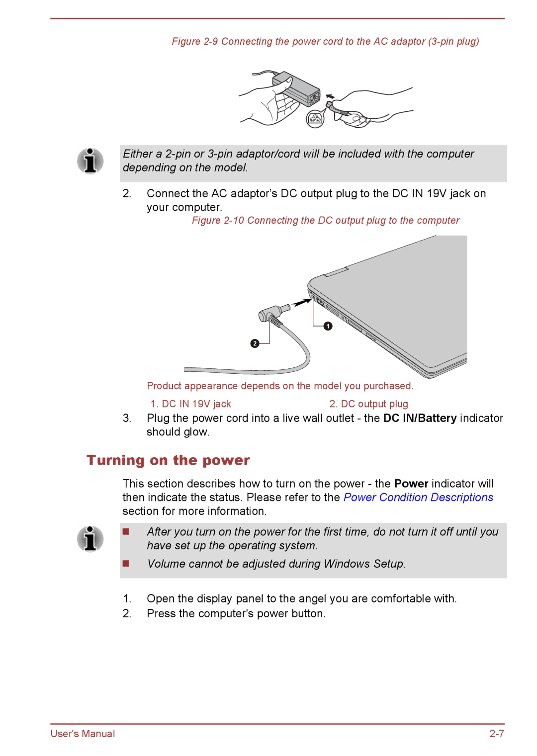 Toshiba P50W-B/P55W-B user manual Turning on the power, Connecting the power cord to the AC adaptor 3-pin plug 