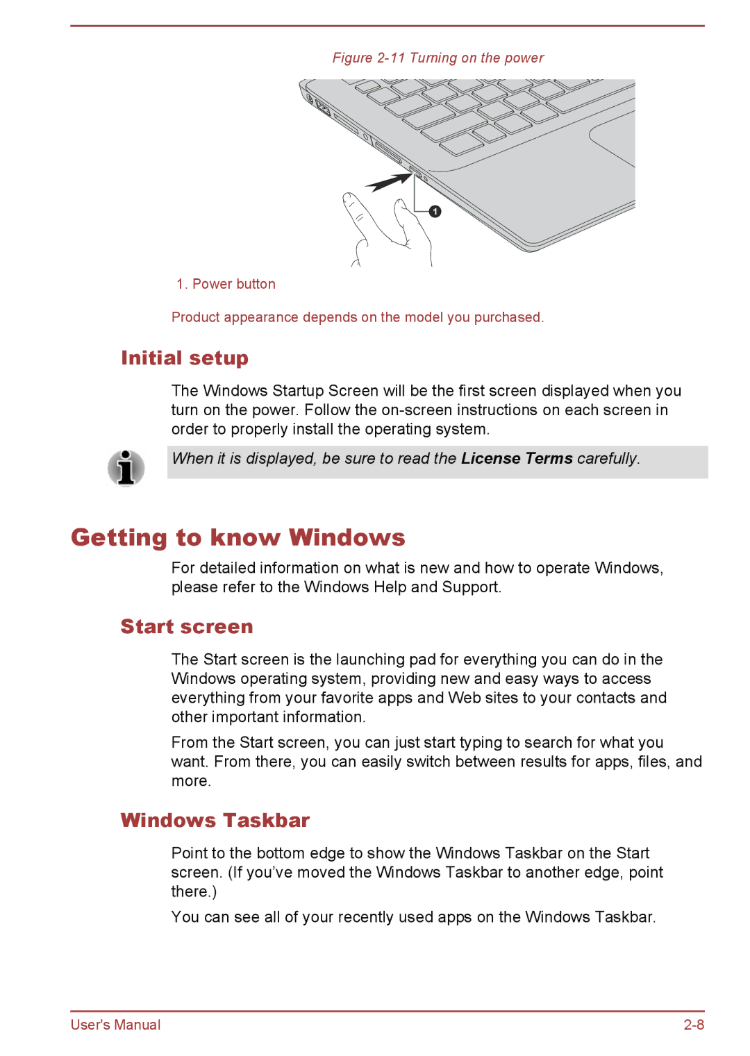 Toshiba P50W-B/P55W-B user manual Getting to know Windows, Initial setup, Start screen, Windows Taskbar 