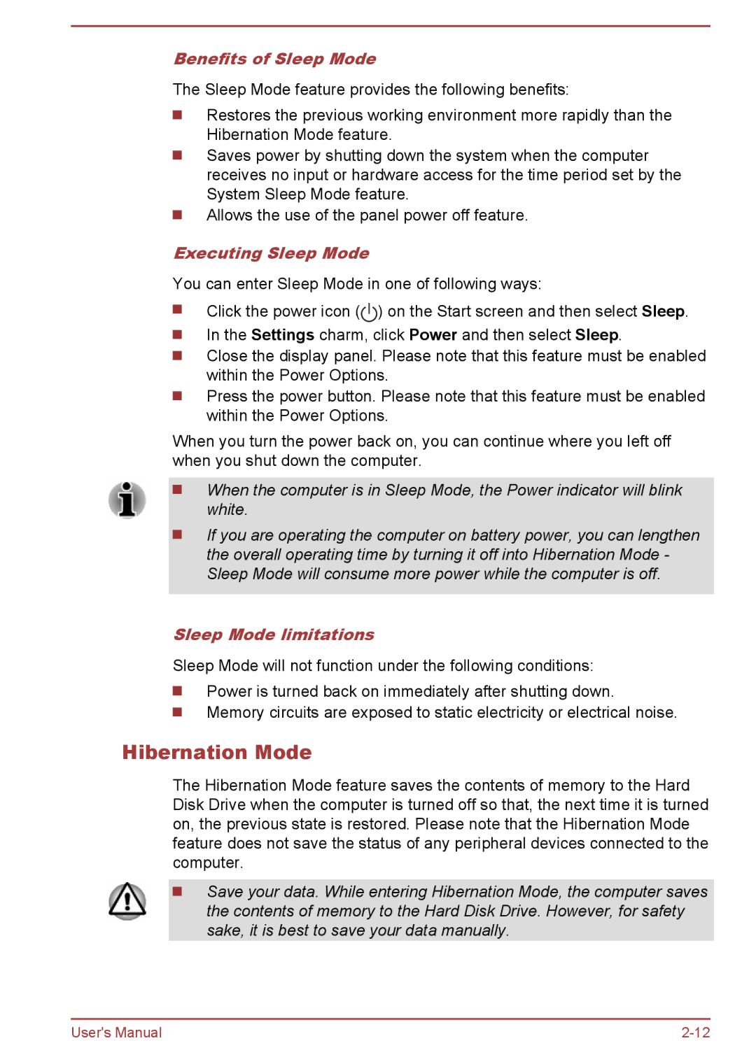 Toshiba P50W-B/P55W-B user manual Hibernation Mode, Benefits of Sleep Mode, Executing Sleep Mode, Sleep Mode limitations 