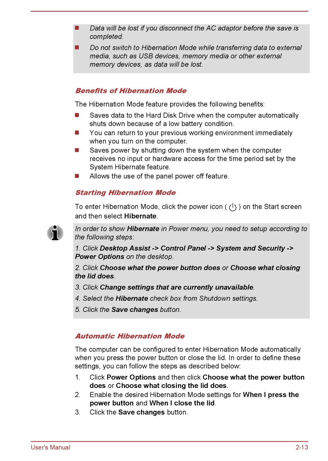 Toshiba P50W-B/P55W-B user manual Benefits of Hibernation Mode, Starting Hibernation Mode, Automatic Hibernation Mode 