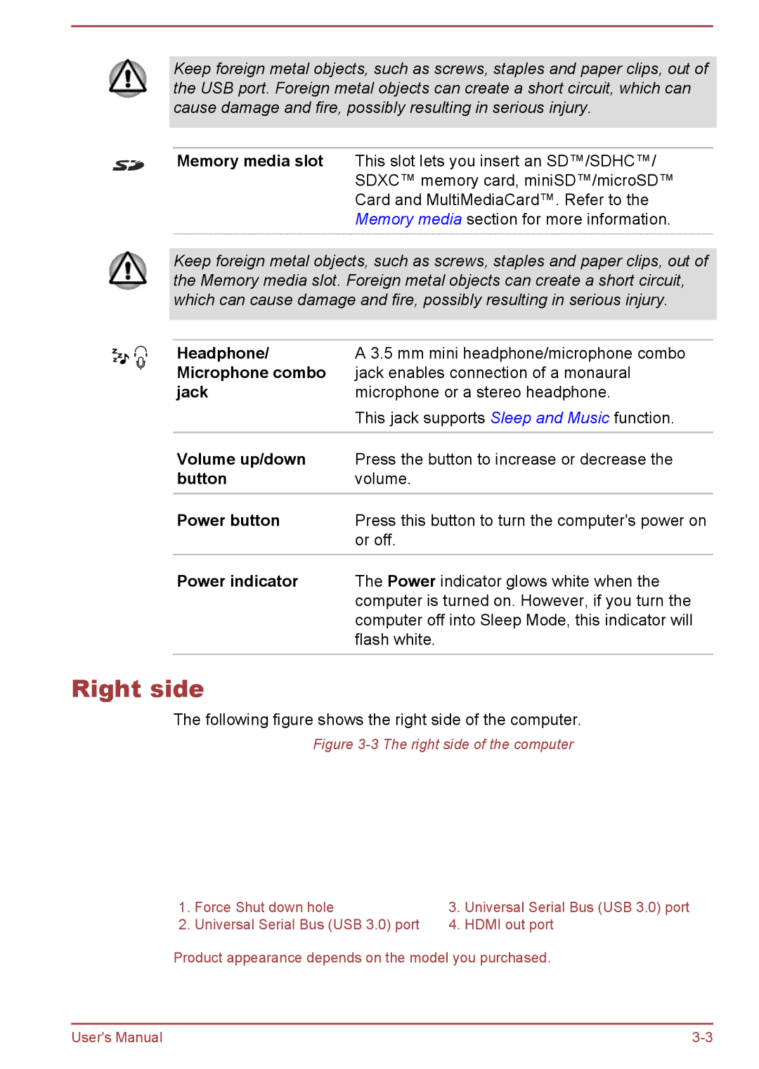 Toshiba P50W-B/P55W-B user manual Right side 