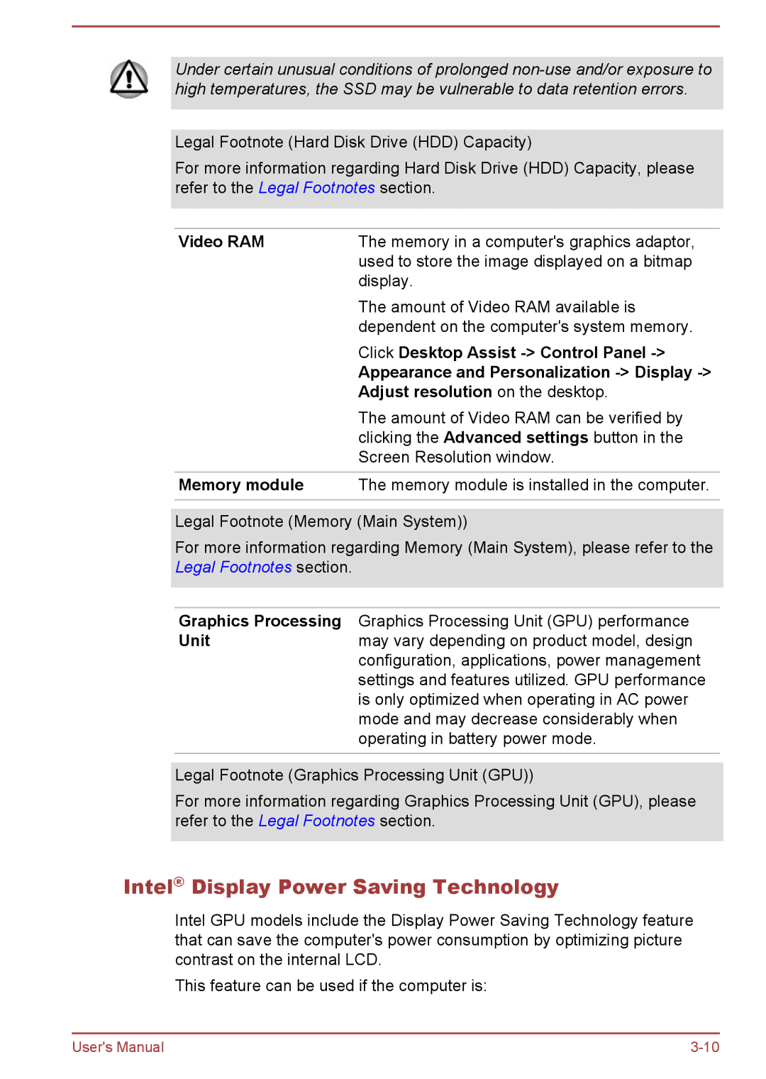 Toshiba P50W-B/P55W-B user manual Intel Display Power Saving Technology 