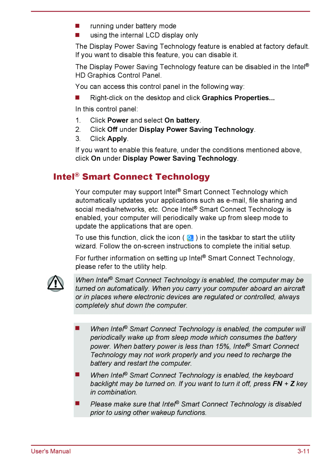 Toshiba P50W-B/P55W-B user manual Intel Smart Connect Technology, Click Off under Display Power Saving Technology 