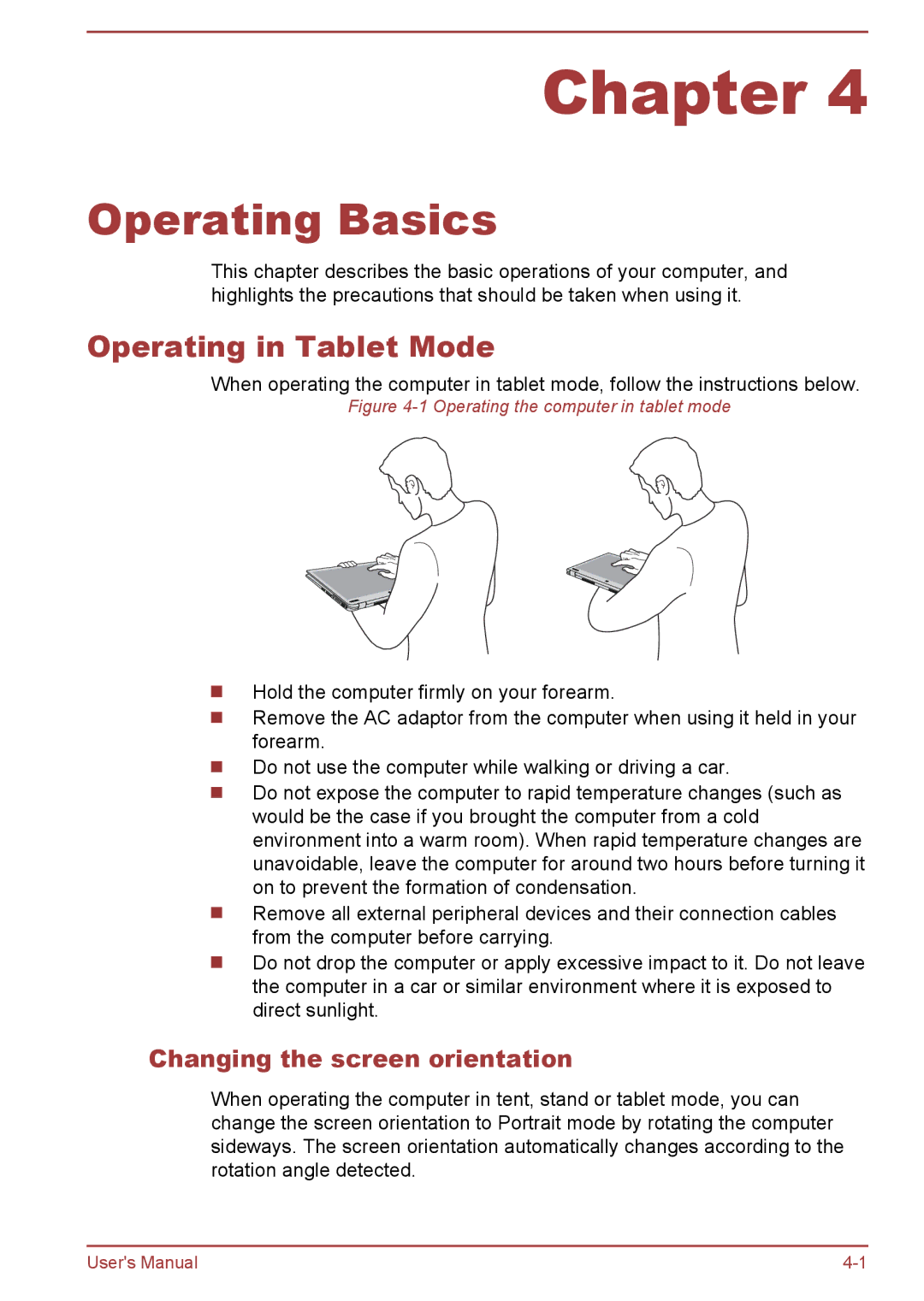 Toshiba P50W-B/P55W-B user manual Operating in Tablet Mode, Changing the screen orientation 