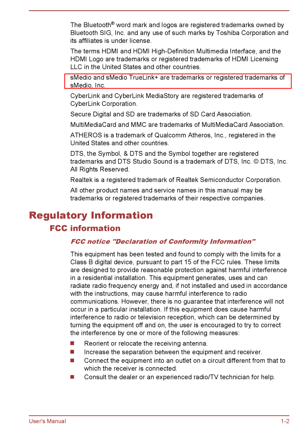 Toshiba P50W-B/P55W-B user manual Regulatory Information, FCC information, FCC notice Declaration of Conformity Information 