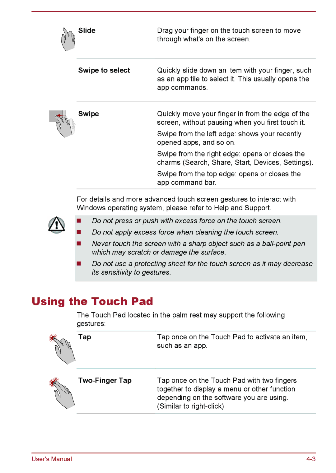 Toshiba P50W-B/P55W-B user manual Using the Touch Pad, Slide, Swipe to select 