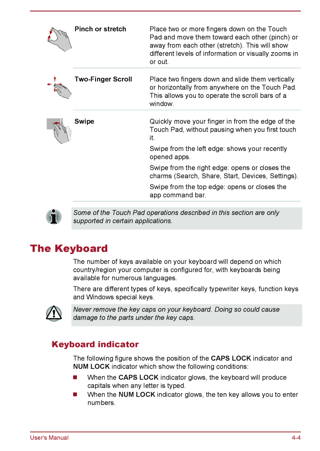 Toshiba P50W-B/P55W-B user manual Keyboard indicator, Two-Finger Scroll 