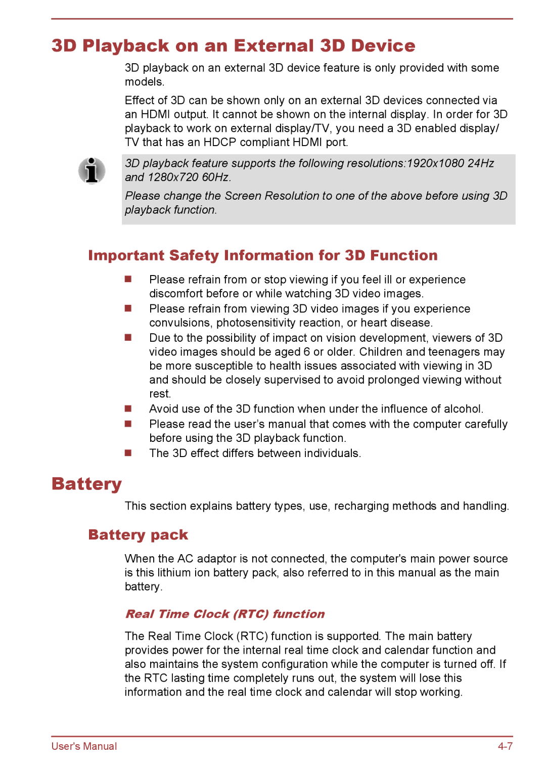 Toshiba P50W-B/P55W-B 3D Playback on an External 3D Device, Battery, Important Safety Information for 3D Function 