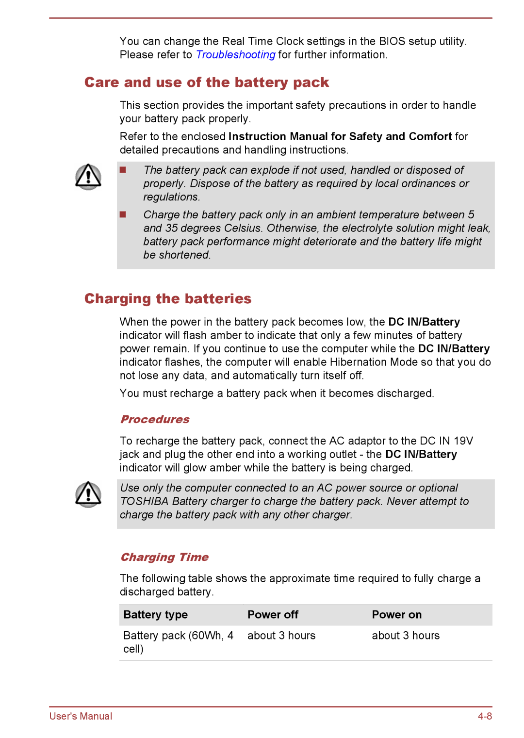 Toshiba P50W-B/P55W-B user manual Care and use of the battery pack, Charging the batteries, Procedures, Charging Time 