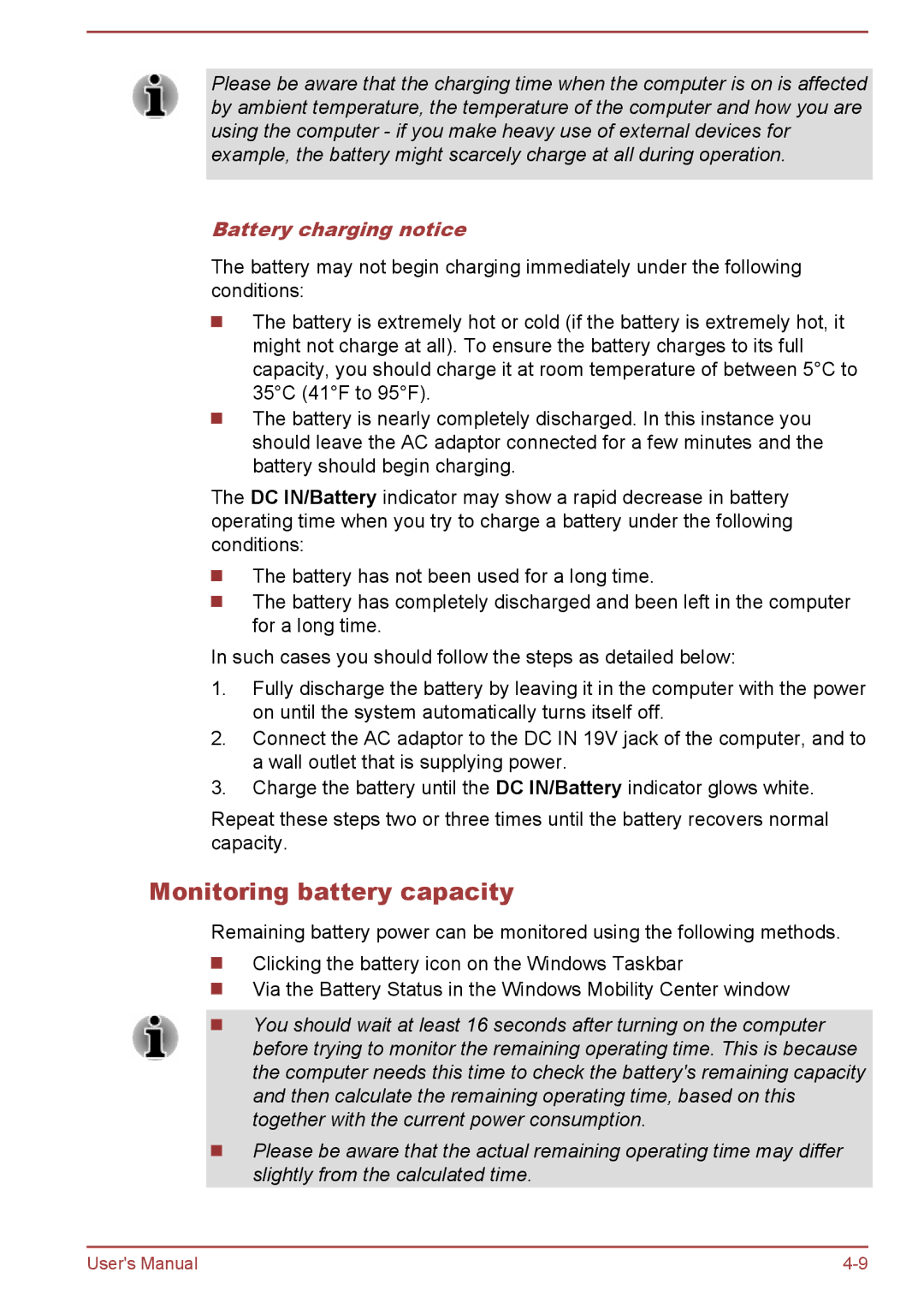 Toshiba P50W-B/P55W-B user manual Monitoring battery capacity, Battery charging notice 