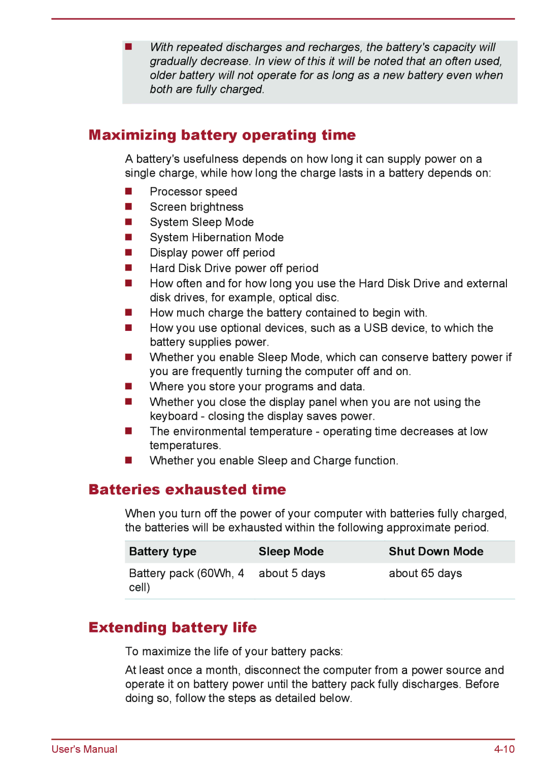 Toshiba P50W-B/P55W-B user manual Maximizing battery operating time, Batteries exhausted time, Extending battery life 