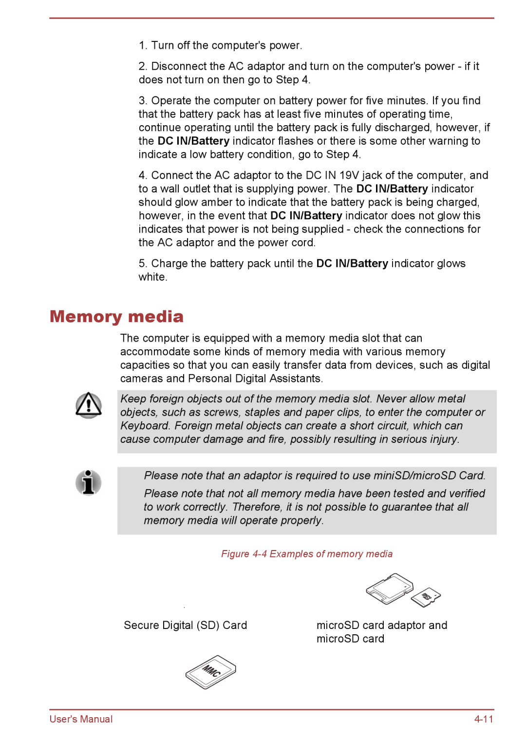 Toshiba P50W-B/P55W-B user manual Memory media, Examples of memory media 